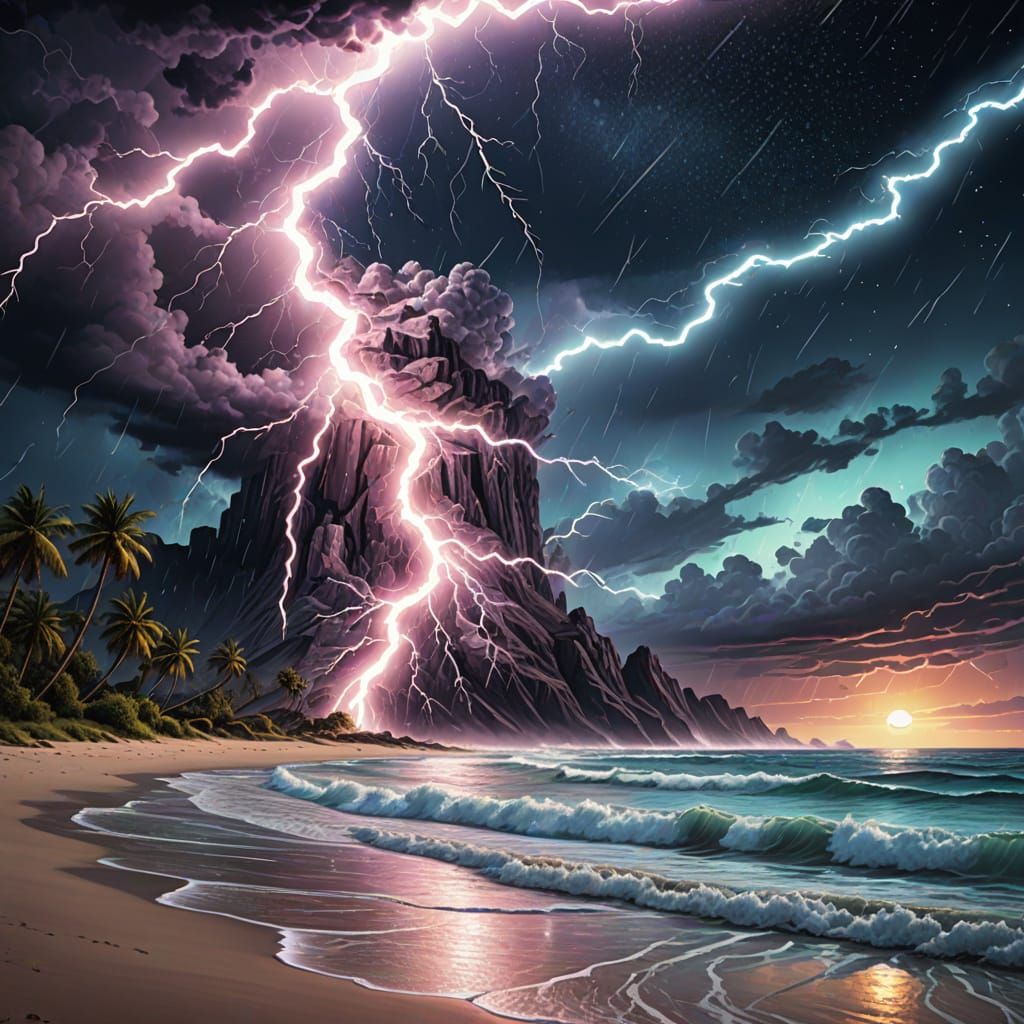 Cosmic Beach Stormscape in Holographic Astral Style
