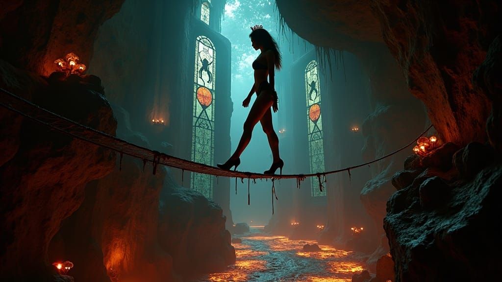 Woman on Tightrope in Dark Cavern with Lava and Stained Glas...