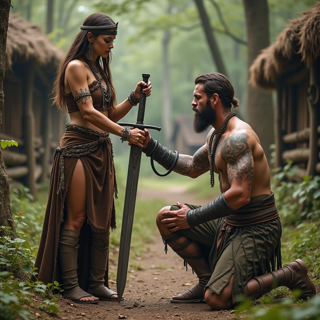 Celtic Sword Passing Ceremony in Traditional Rural Village