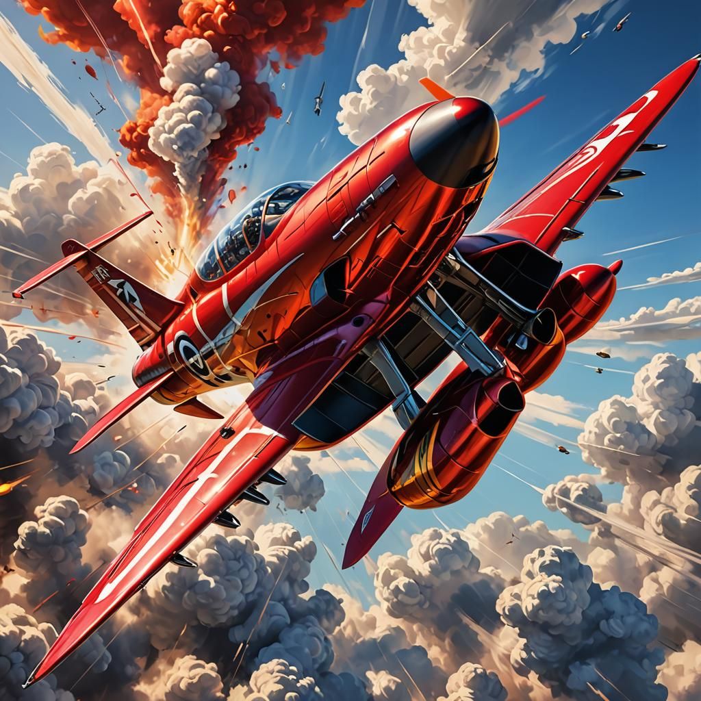 Red Jet Plane Diving: Dynamic Comic Book Art