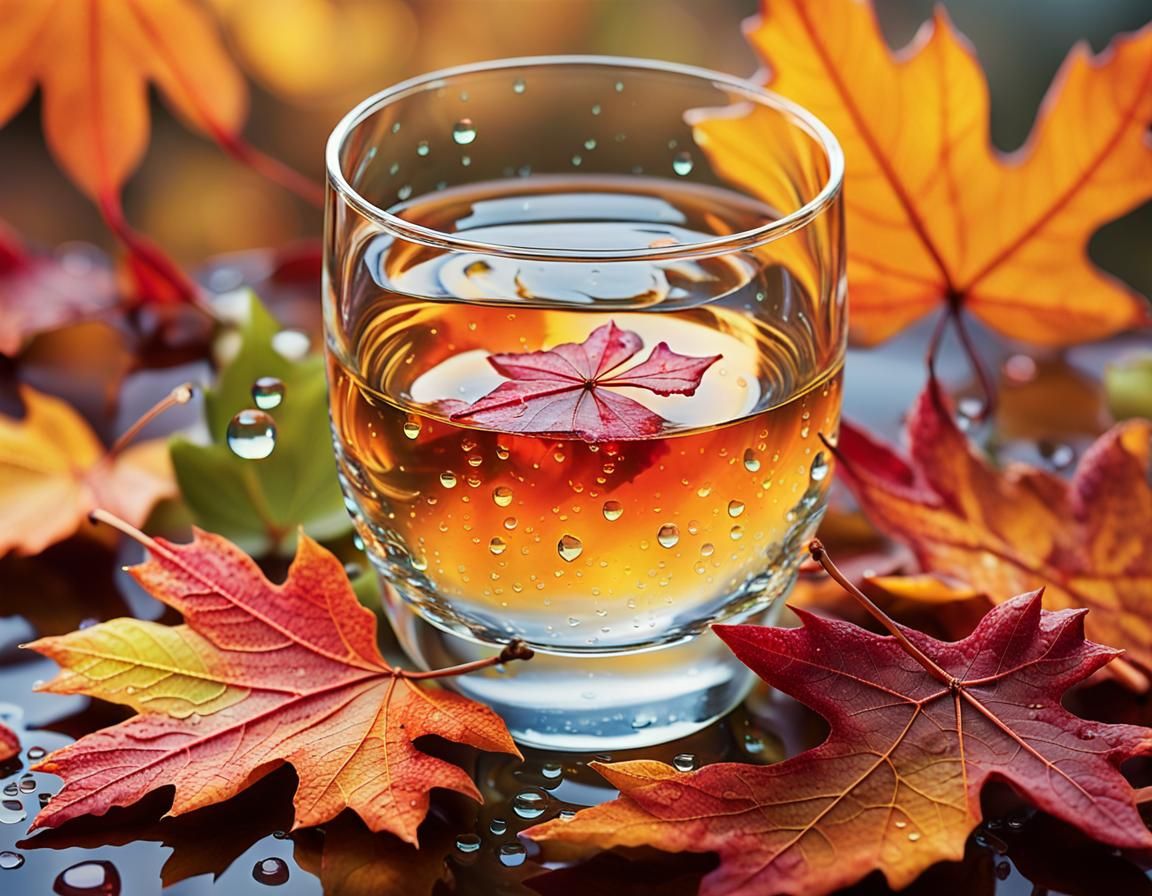 Vibrant Still Life with Glassware and Autumn Leaves