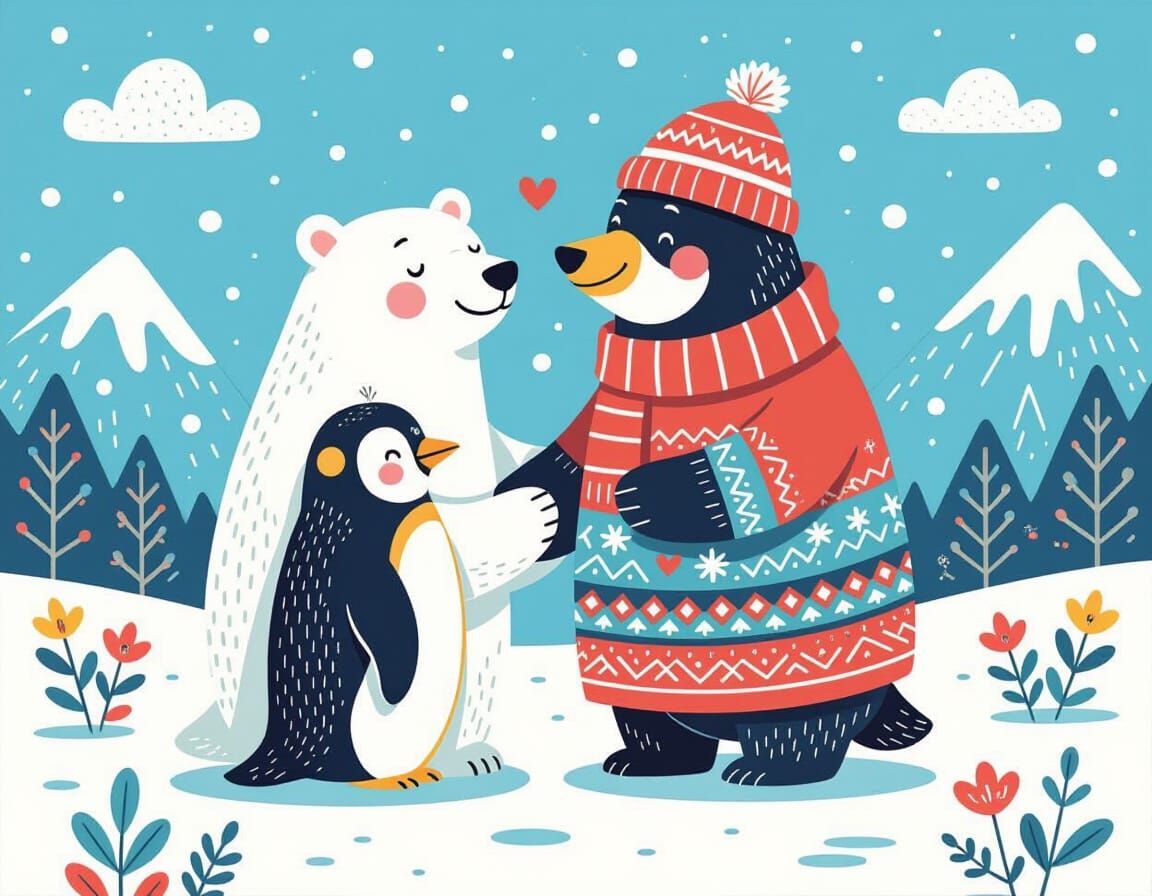 Polar Bear and Penguin Friendship Naive Folk Art