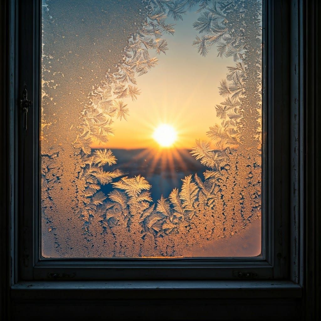 Golden Sunlight Through Frost-Etched Window Panes