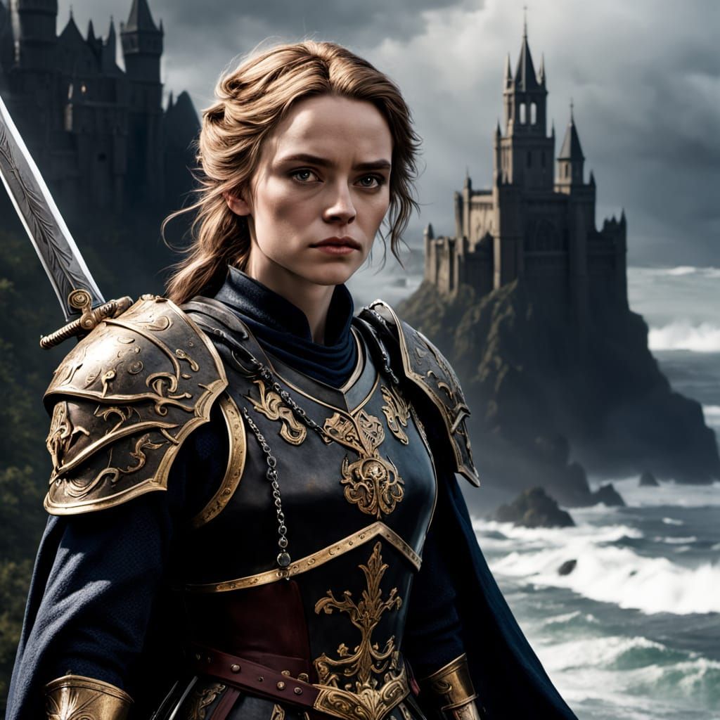 Knight Defends Village from Shadow Beast in Fantasy Realism