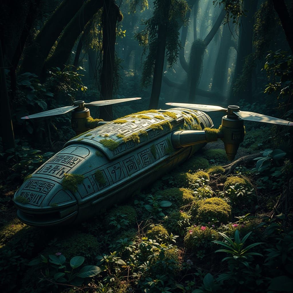 Hyperrealistic Ancient Drone in Overgrown Forest