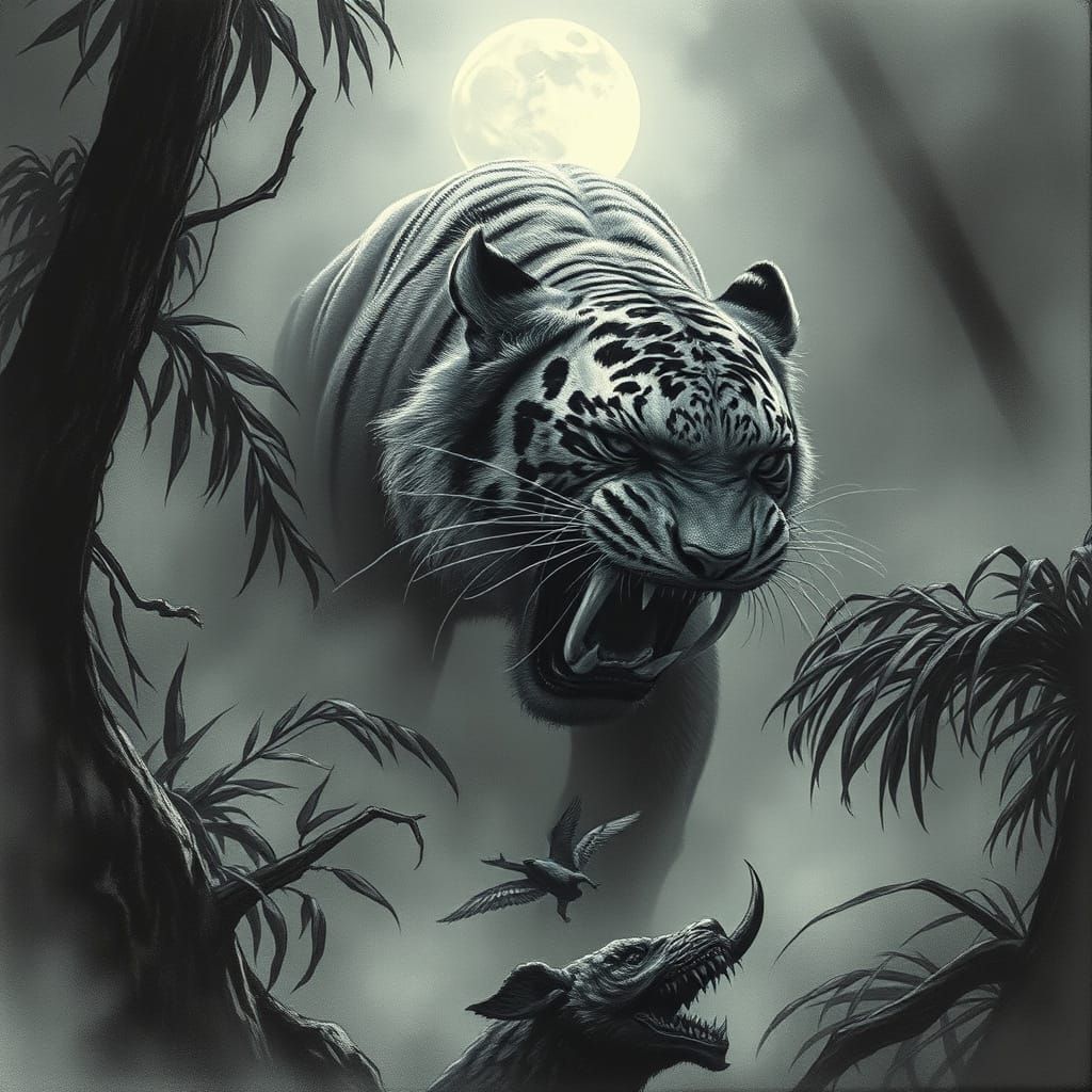 Saber-Toothed Tiger in Mystical Jungle, Charcoal Drawing