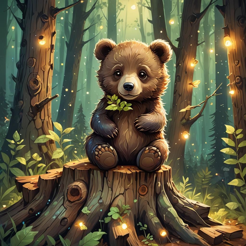 Cute Baby Bear in Magical Forest Illustration