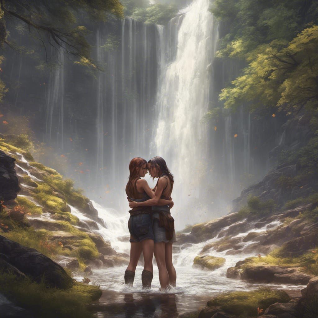 Forest Waterfall: Lesbian Lovers in Digital Art