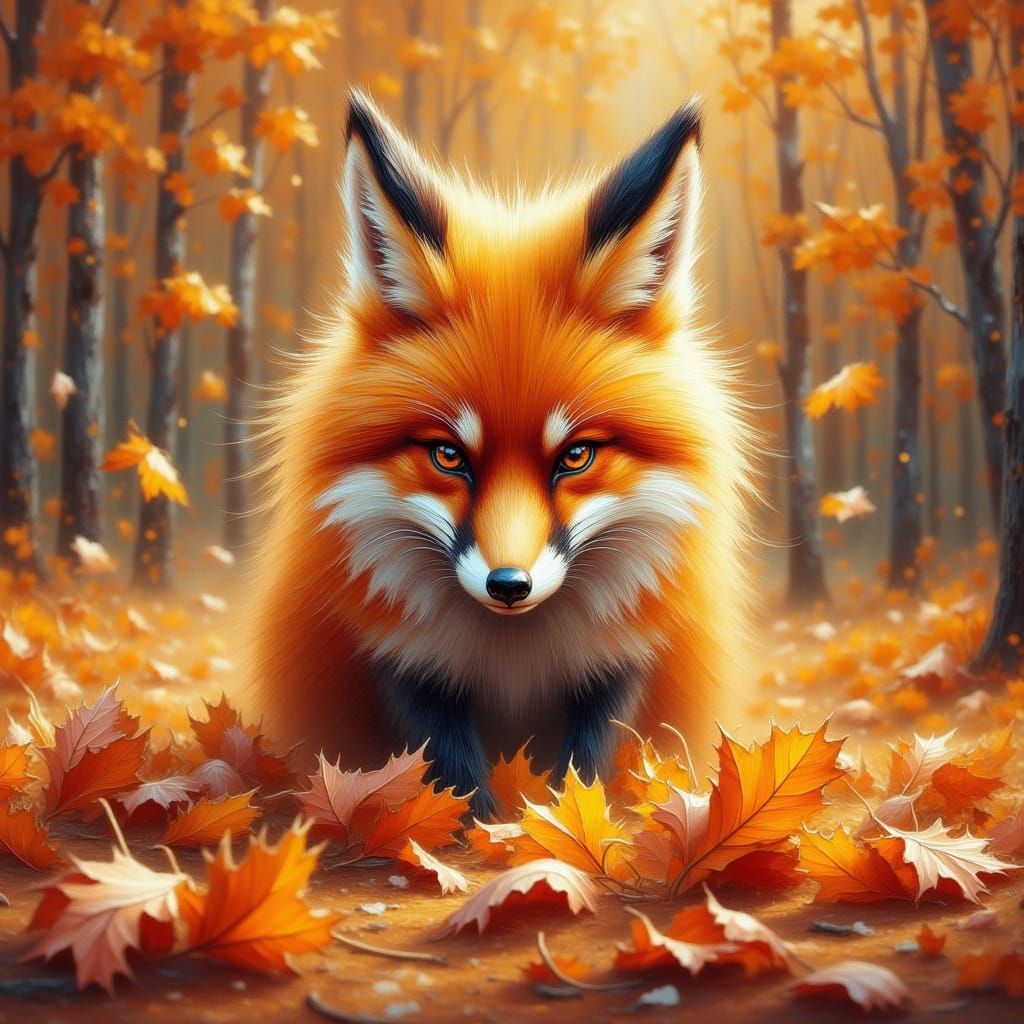 Fluffy Fox Hiding in Fall Leaves