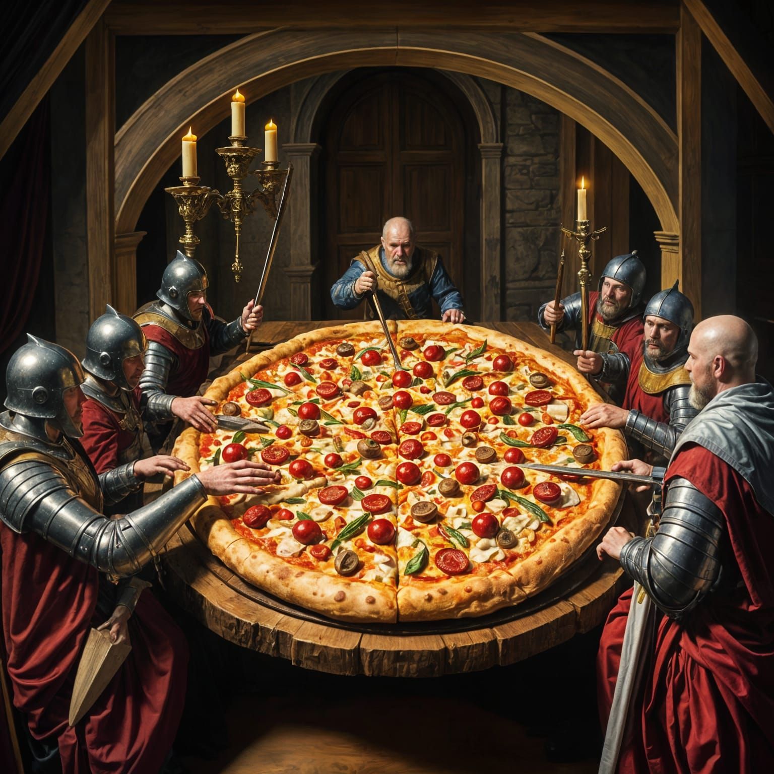 Medieval Feast: Knights Enjoying Colossal Pizza in Baroque S...