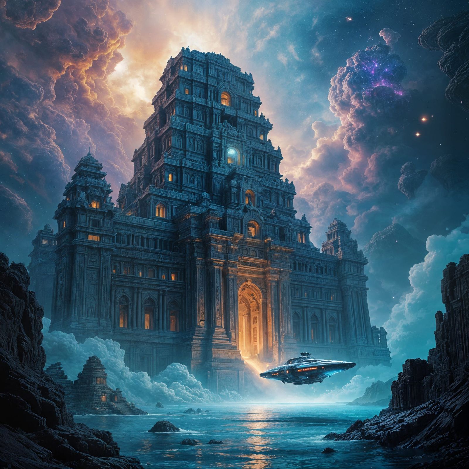 Ancient Cosmic Temple in Nebulae Ocean with Spaceship