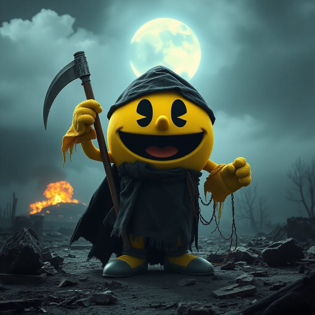 Gargantuan Grim Reaper Pac-Man in Post-Apocalyptic Wasteland