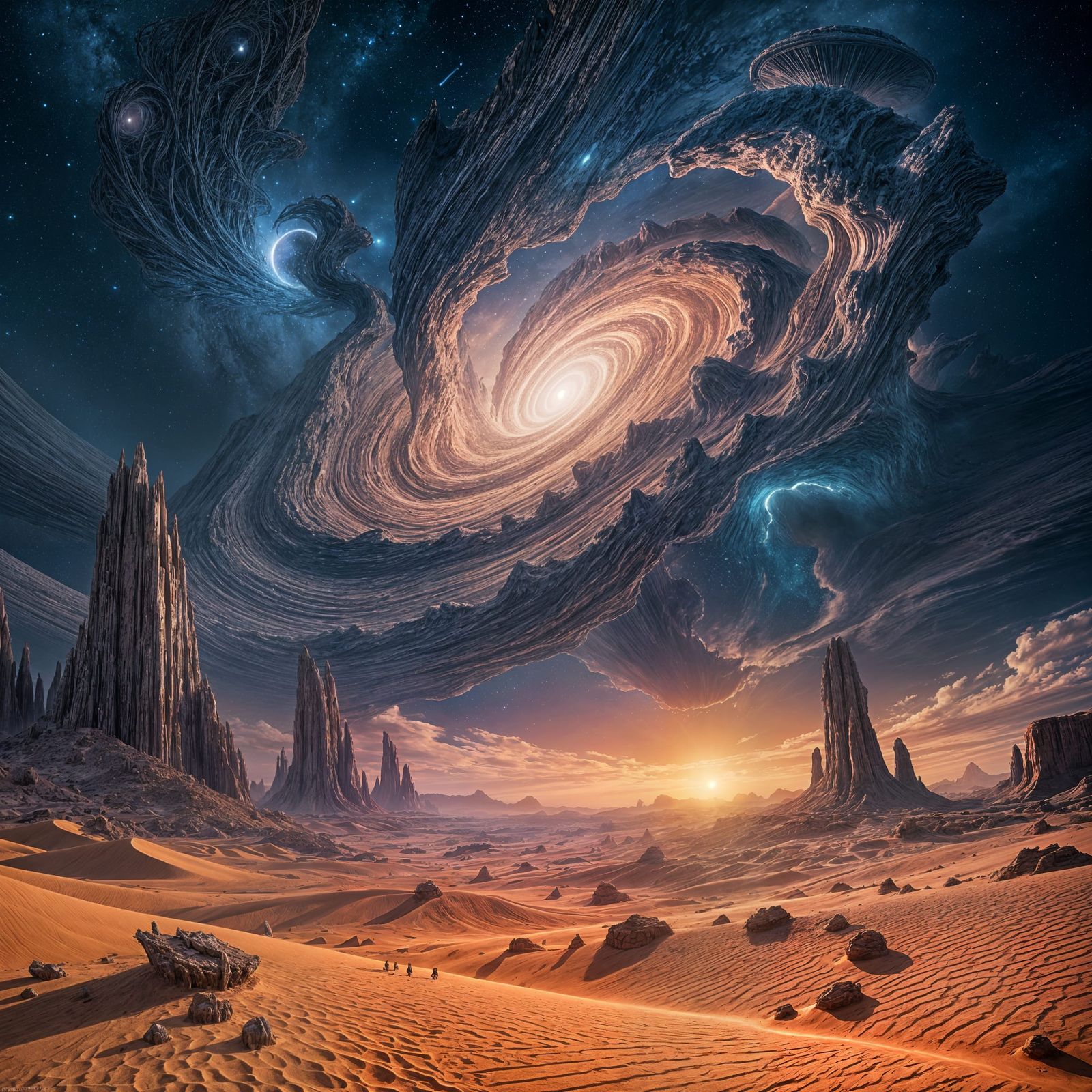 Cosmic Horror: Desolate Desert Under Malevolent Nebula