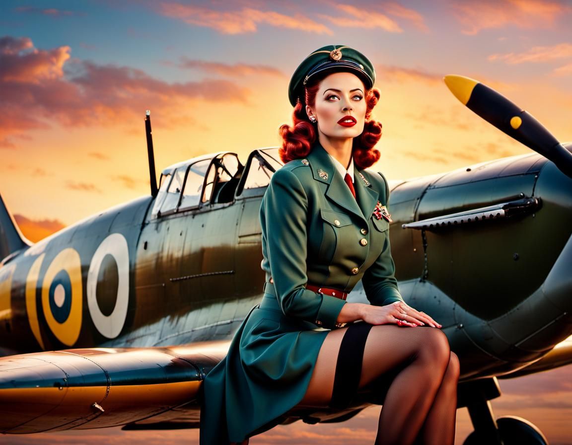 Pin-Up Girl on Spitfire Plane in Hyperrealistic Style