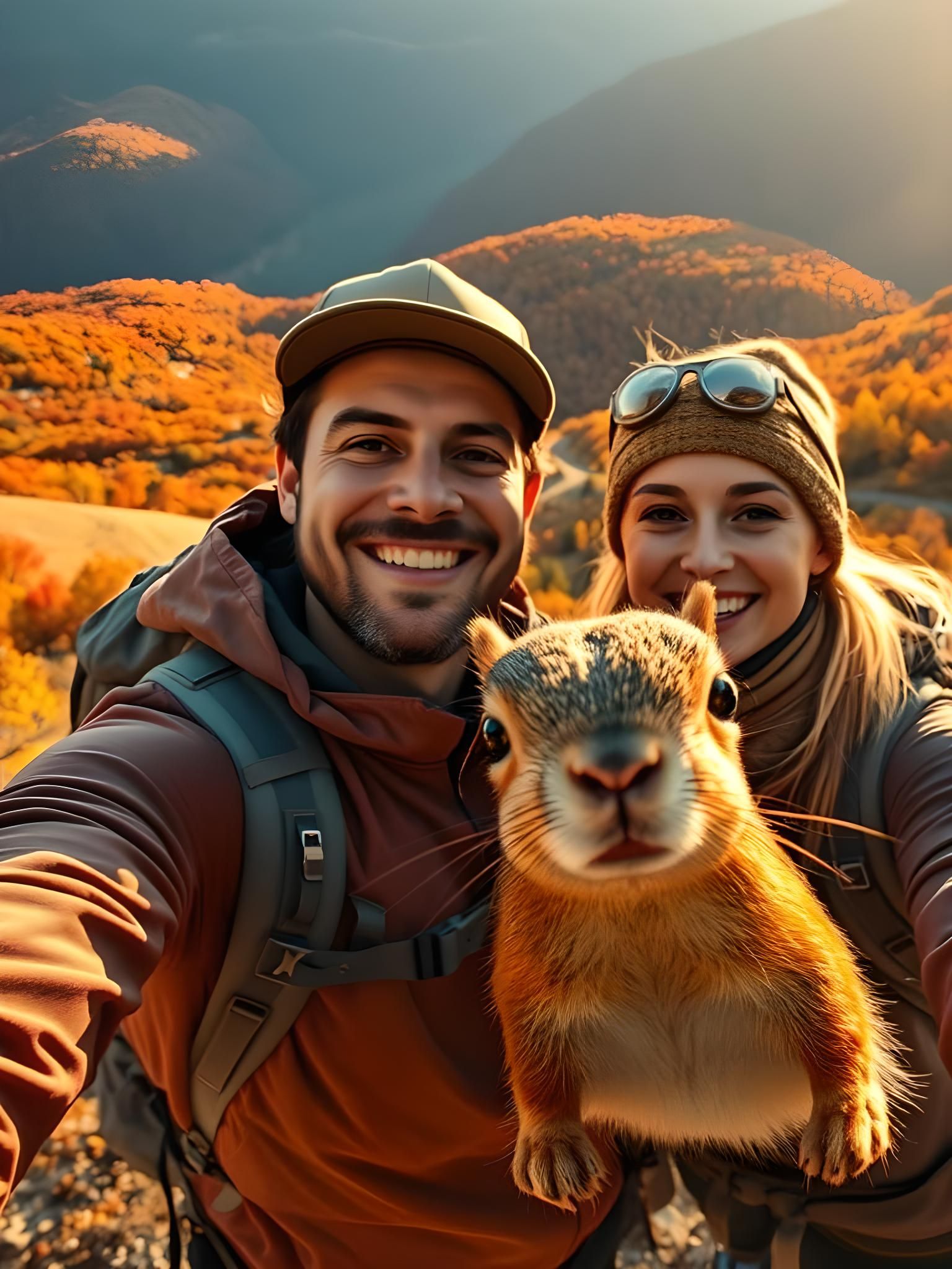 Autumn Hikers Photobombed by Squirrel, Vibrant Landscape