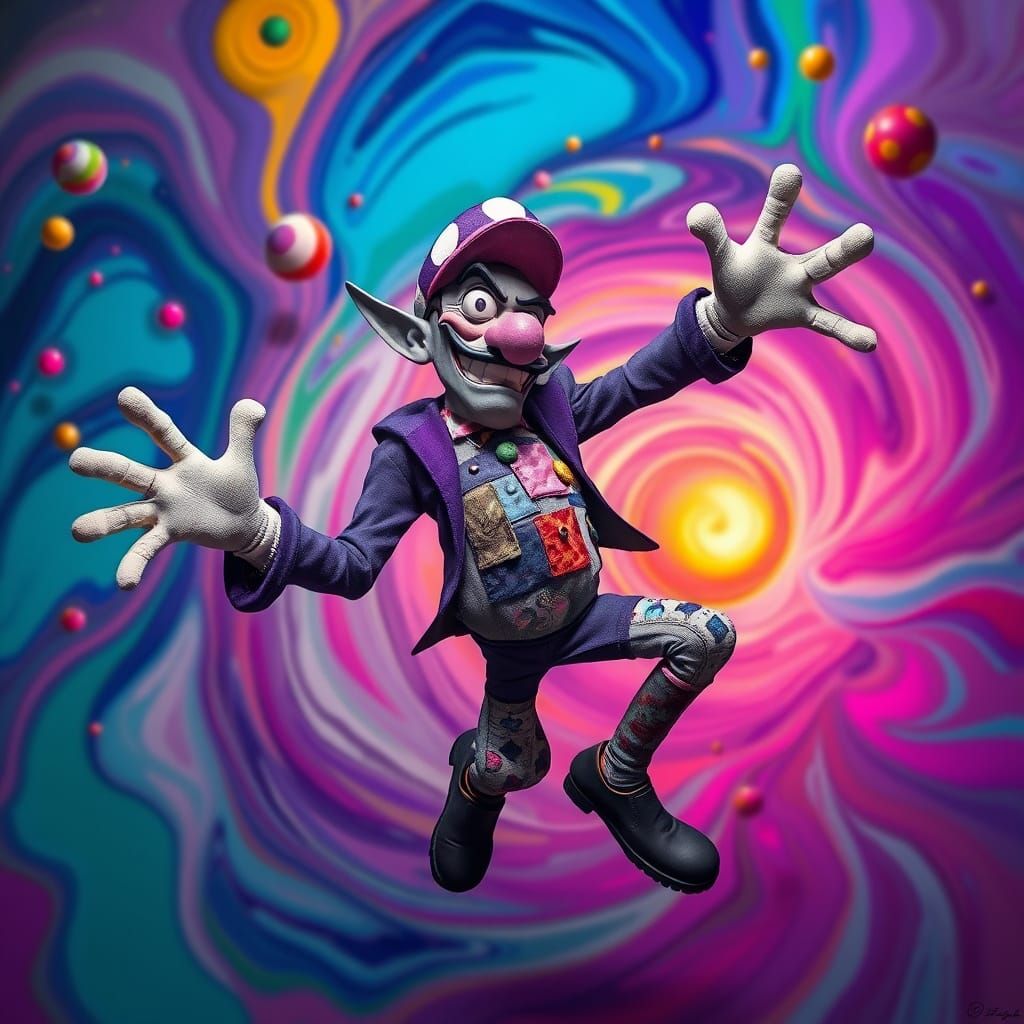 Twisted Waluigi in a Dreamlike, Cyberpunk Landscape