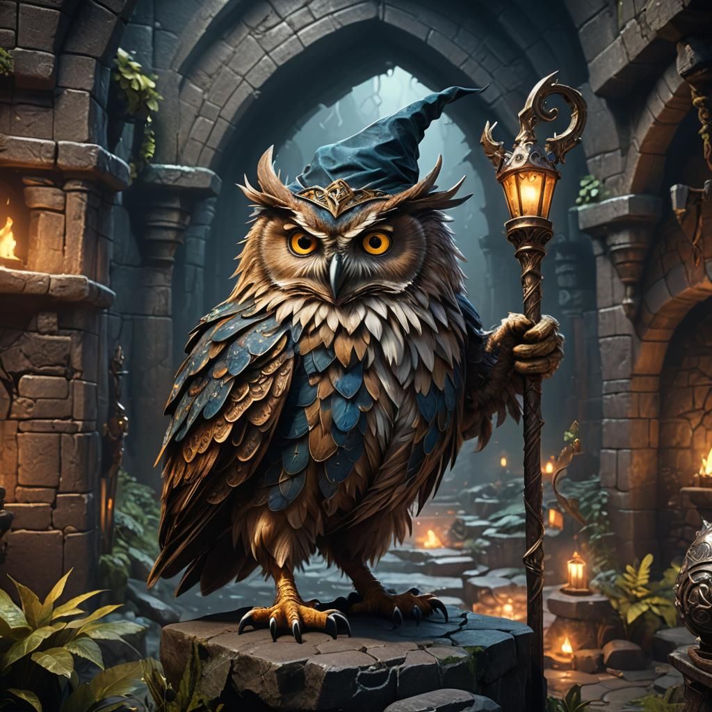 Owl Wizard Exploring a Dragon's Dungeon
