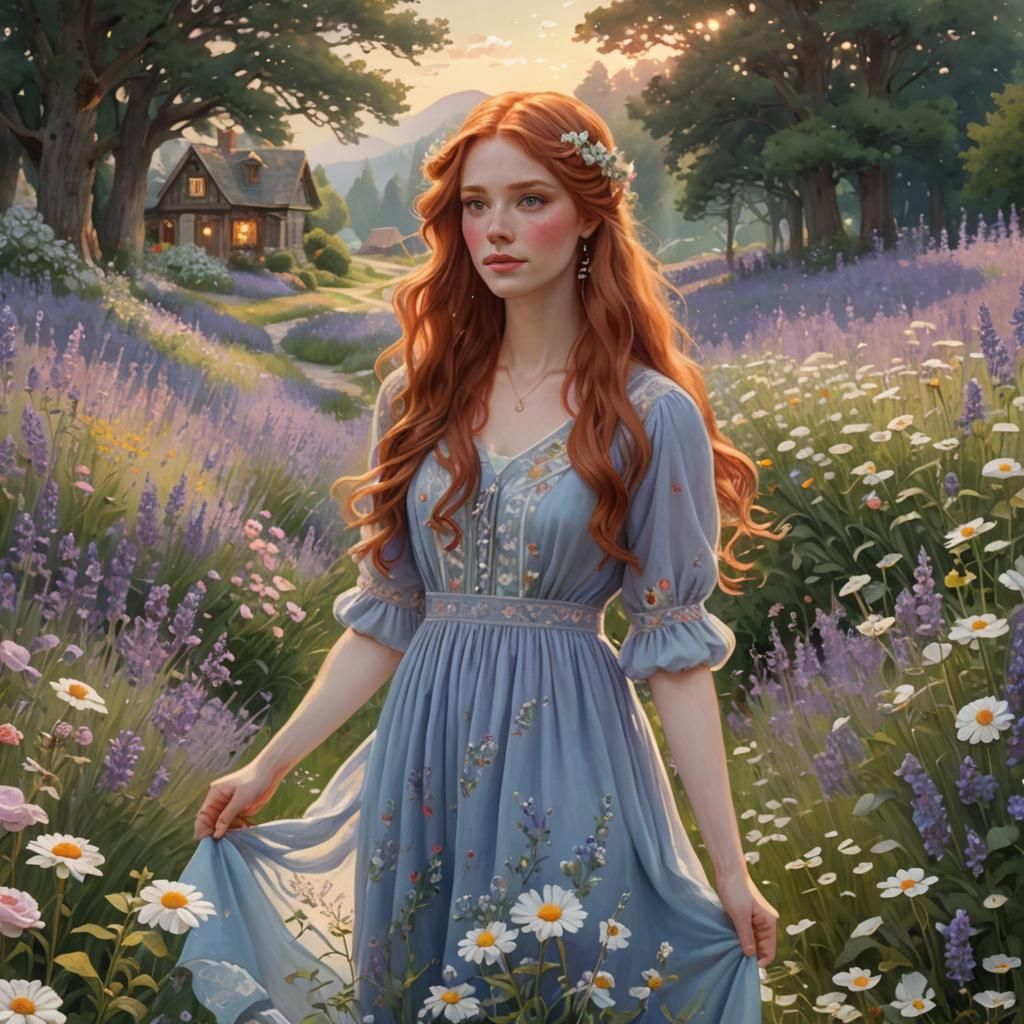 Girl in Flower Meadow, Cottagecore Style