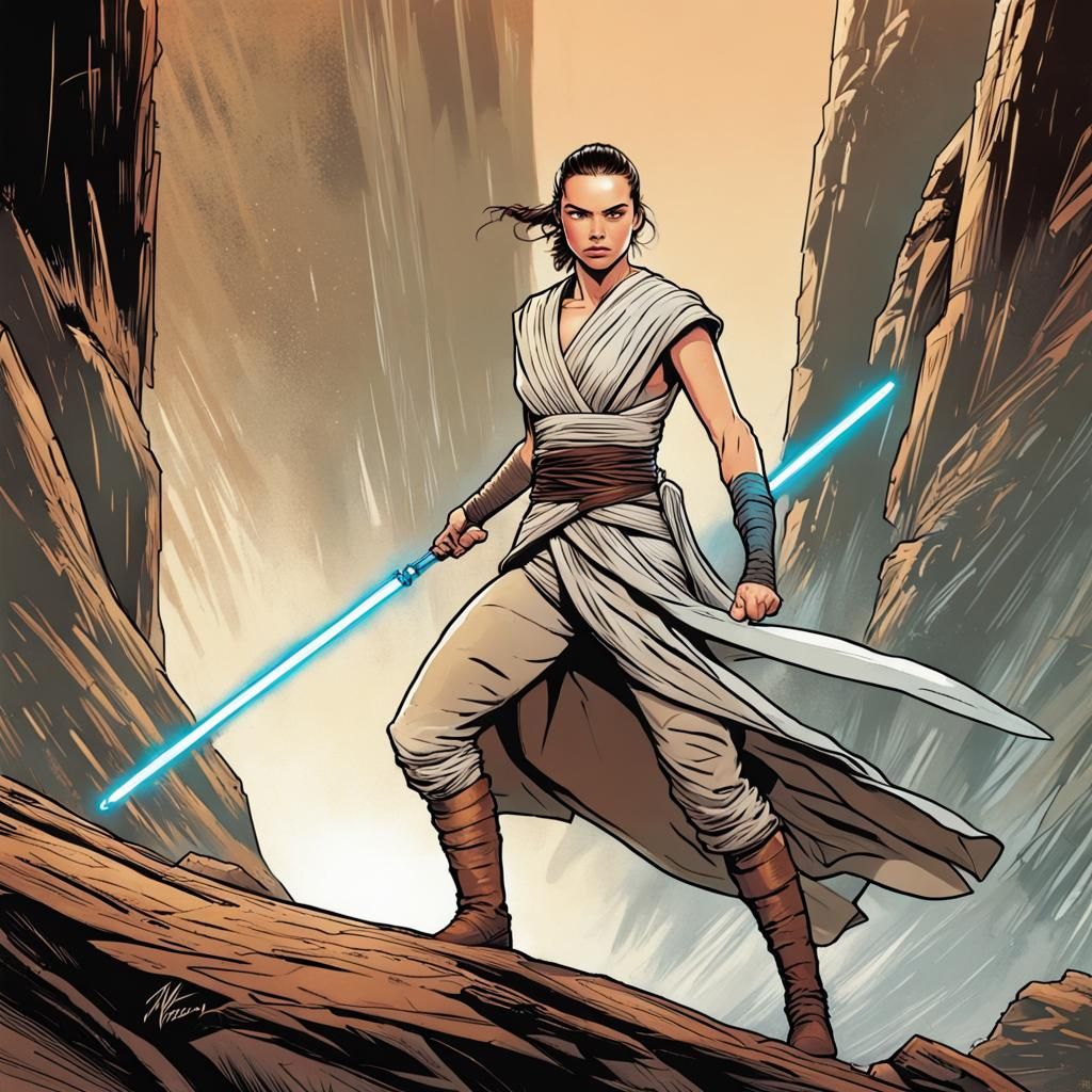Rey Skywalker Dramatic Pose in Comic Book Style