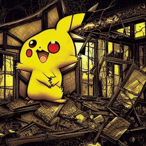 Pikachu Barn Explosion: Sci-Fi Horror Fairytale Art