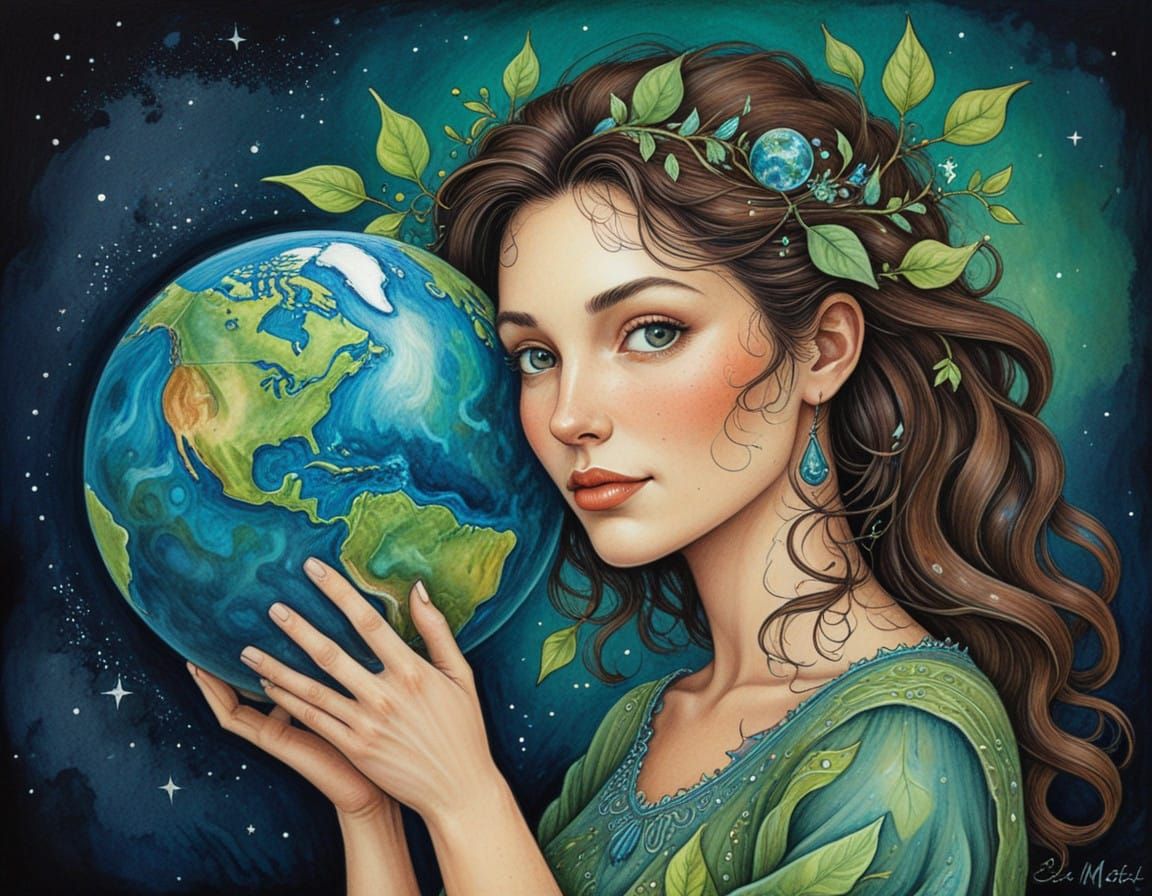 Mother Nature Holding Earth in a Vibrant Cartoon Portrait