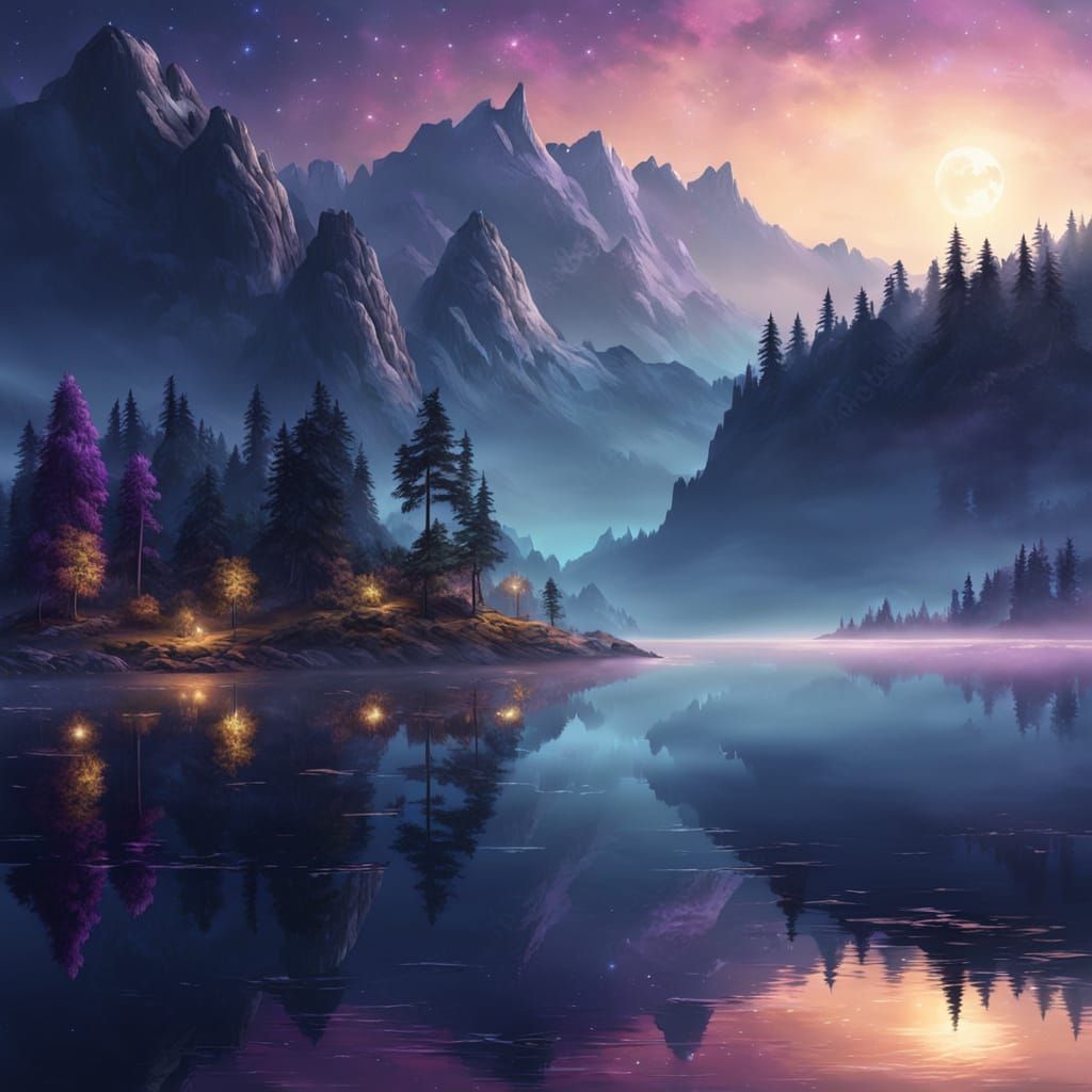Majestic Night Lake with Star Reflections as Oil Painting