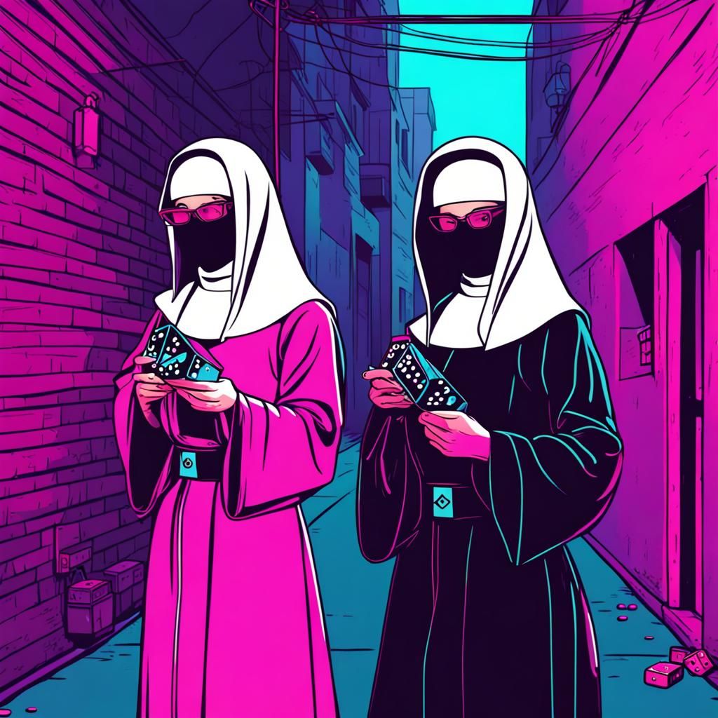 Nuns Gambling in Neon Retro Alley