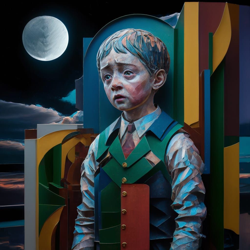 Melancholic Boy Under Moon in Neo-Cubist Style
