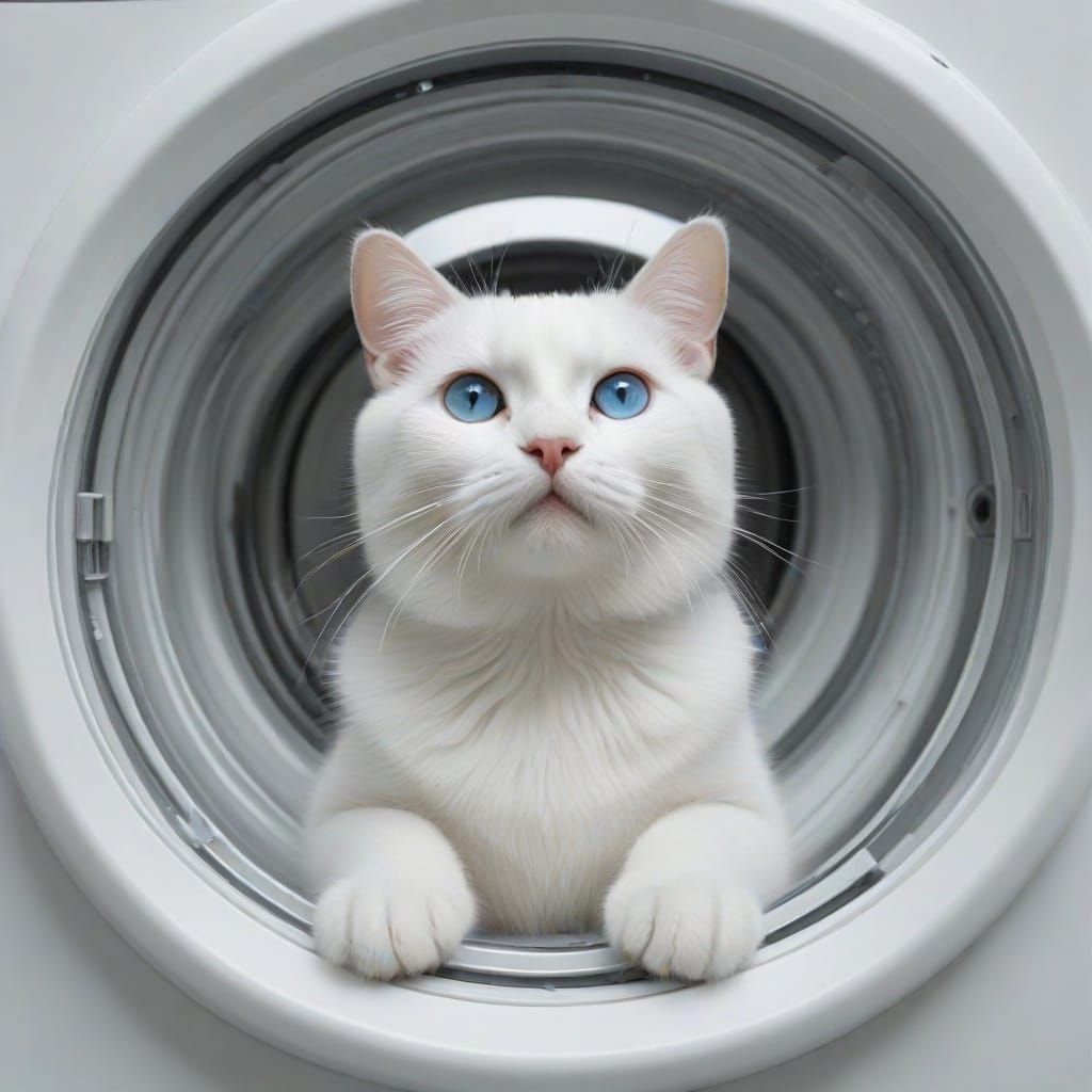 White Cat With Blue Eyes In Washing Machine