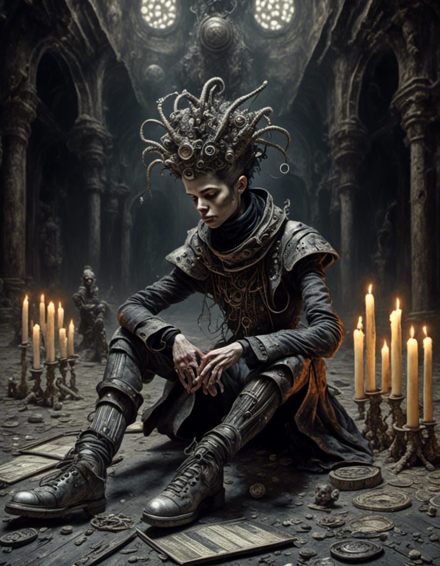 Biomechanical Tarot Art: Jester with Mystical Skateboard