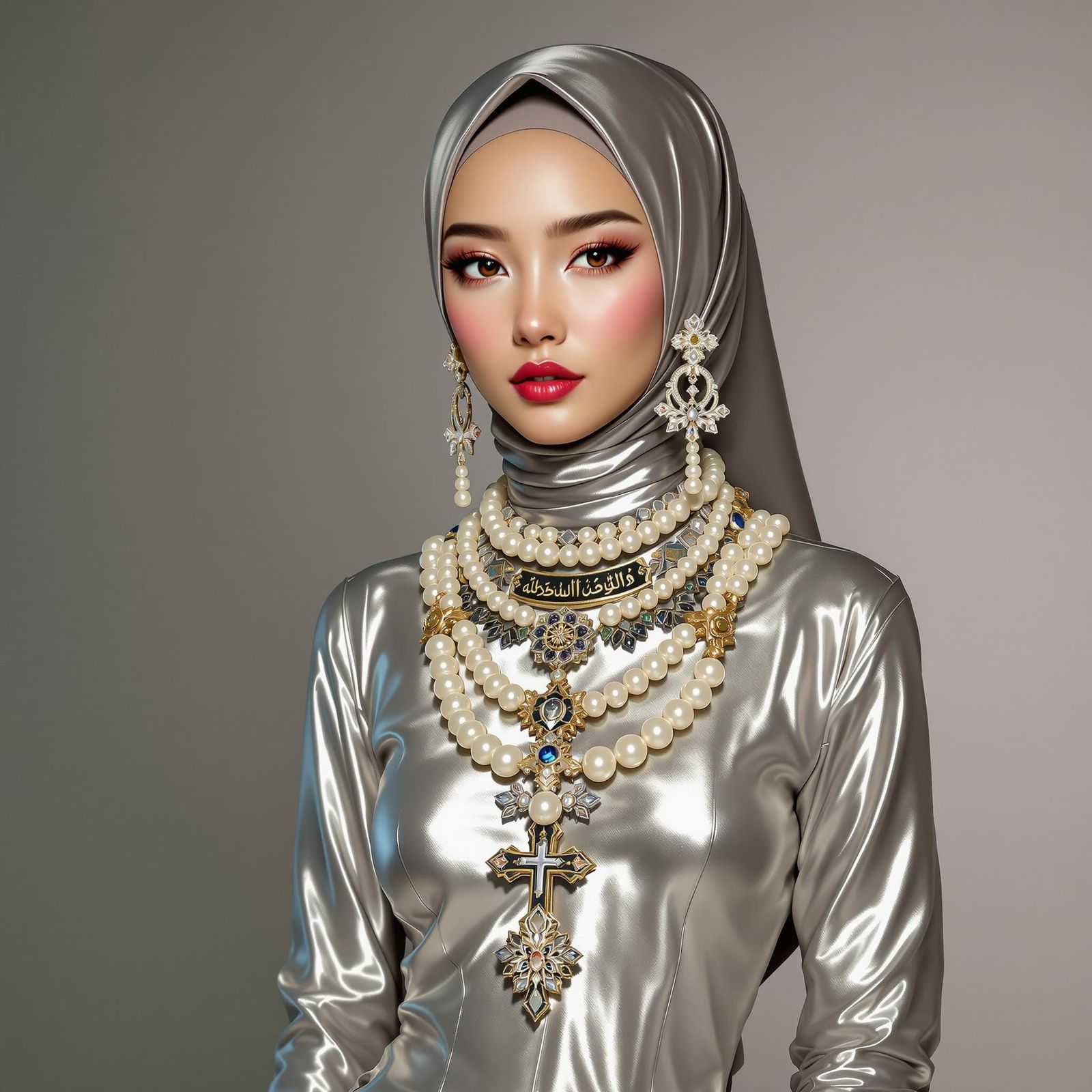 Asian Woman in Hijab with Pearl Body Chain, Digital Art
