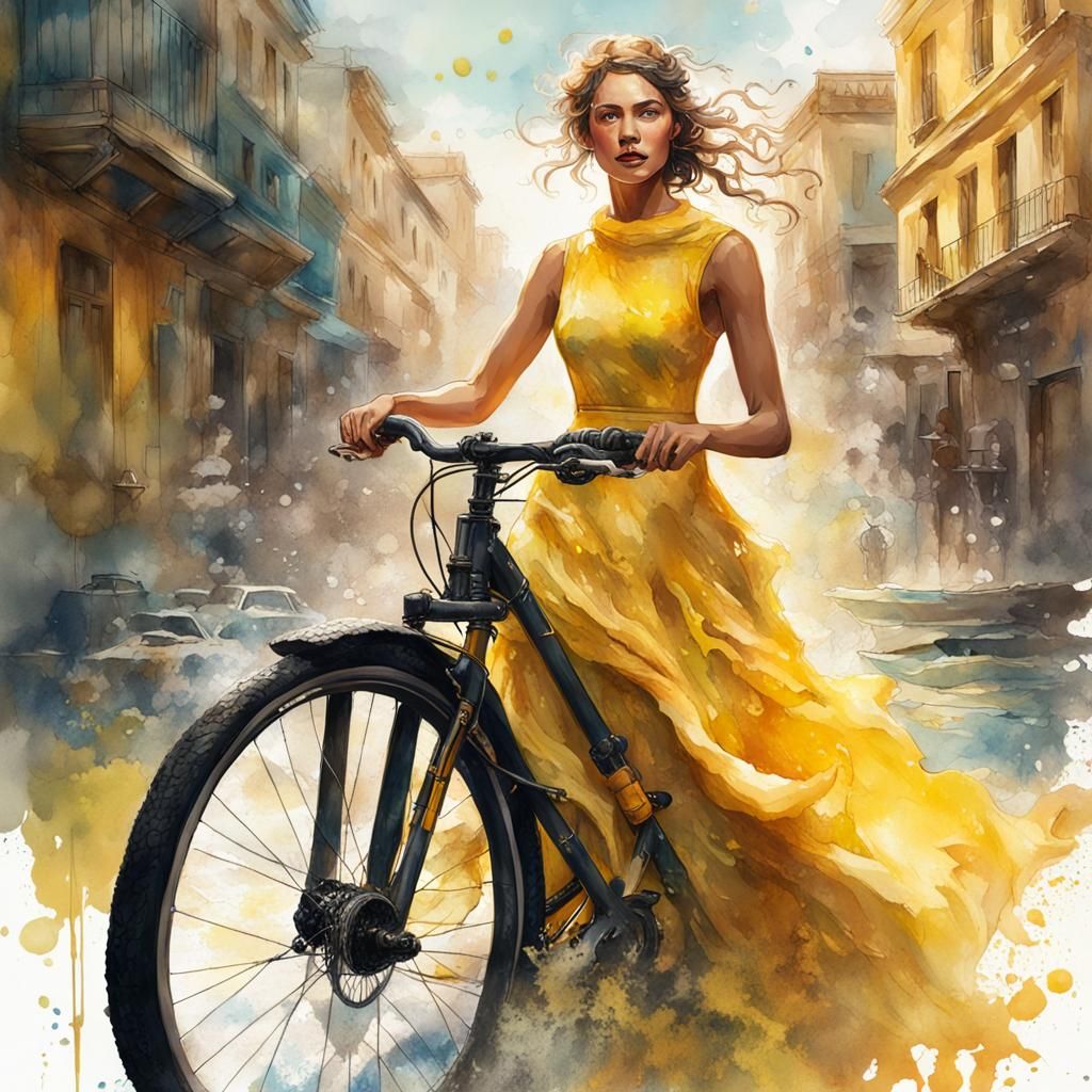 Woman in Yellow Dress, Watercolor Splash Art