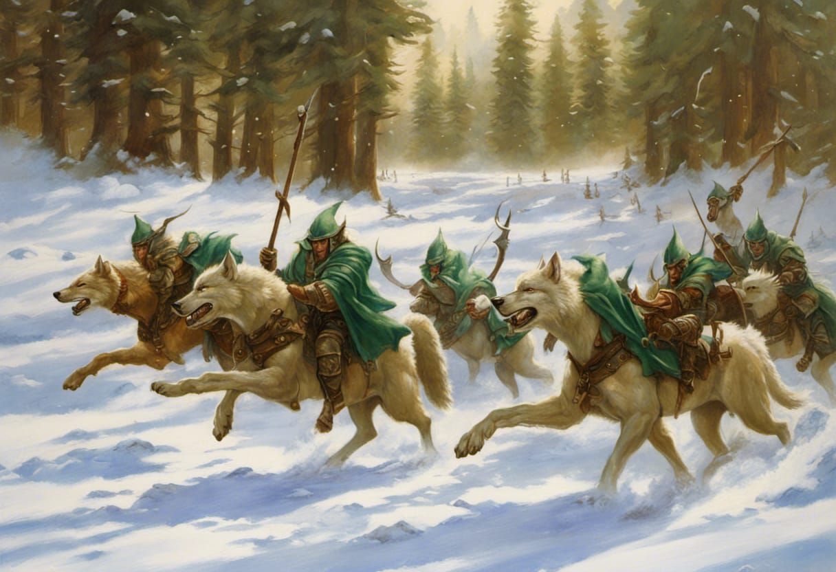 Goblins on Wolves Attack in Winter Snow
