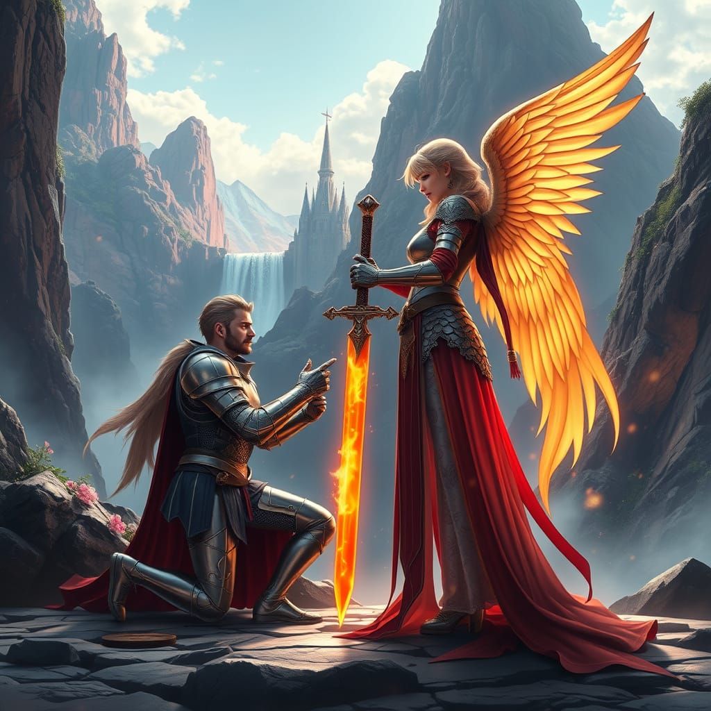 Heroic Knight in Angelic Armor Stands Guard at Waterfall Cas...