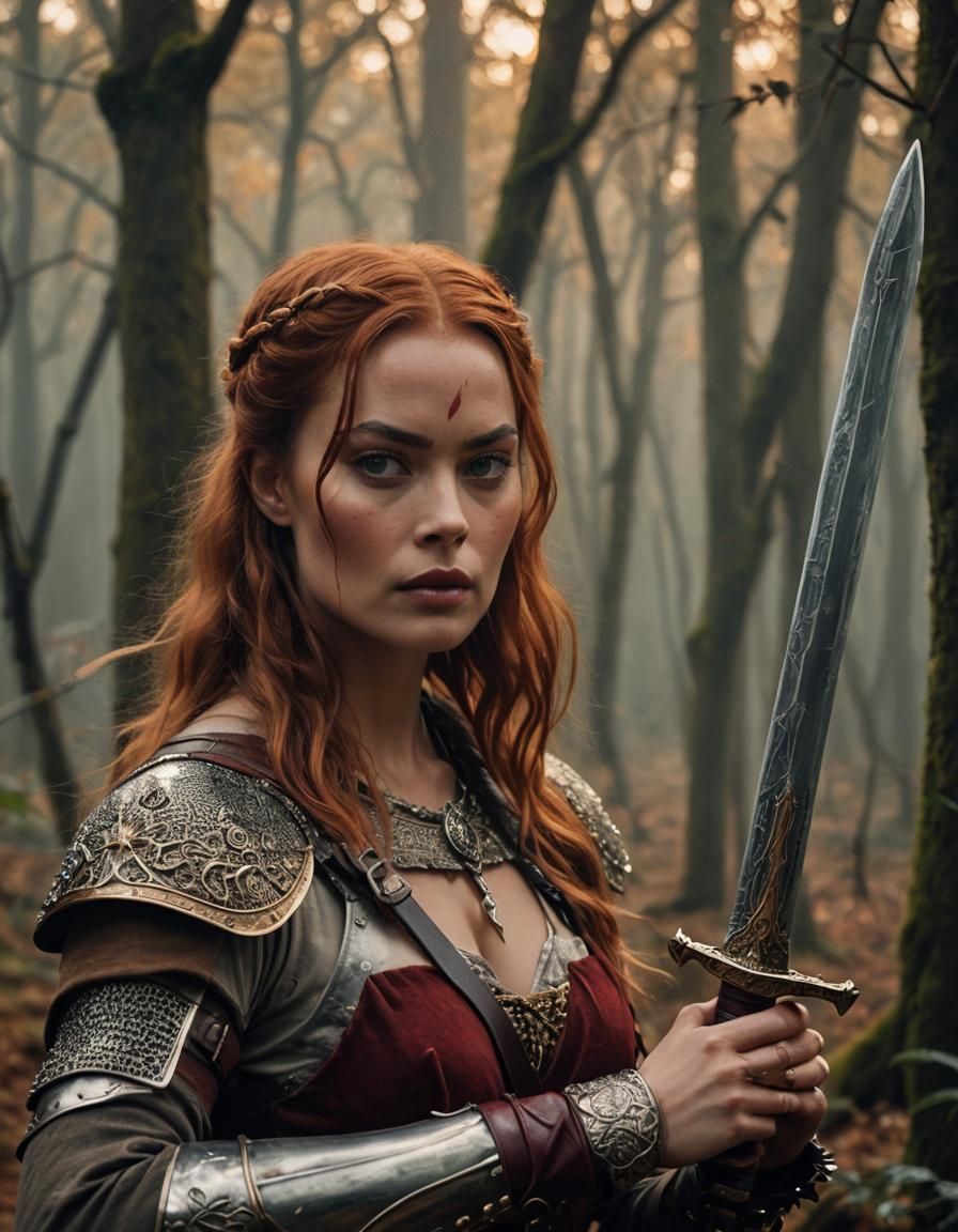 Margot Robbie as Red Sonja in Symbolist Art Style