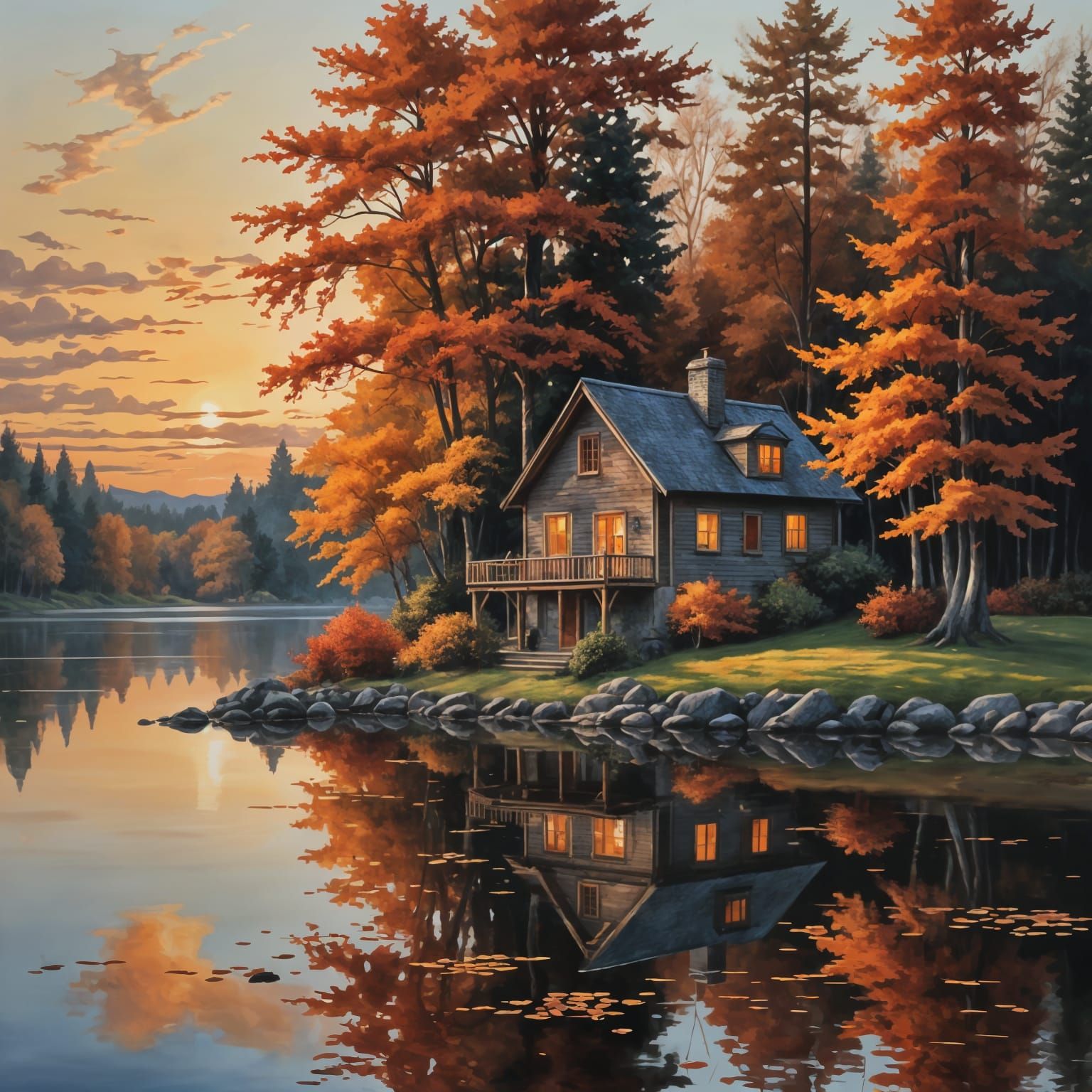 Hyperrealistic Cottage on Lake at Sunset in Autumn