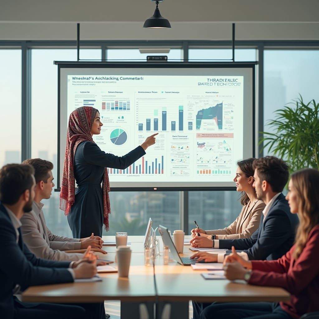 Confident Palestinian Woman Leads Modern Office Meeting