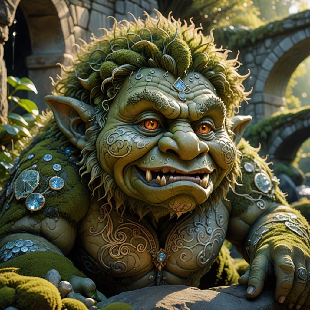 Moss Troll Hiding Under Crystal Bridge in Art Nouveau