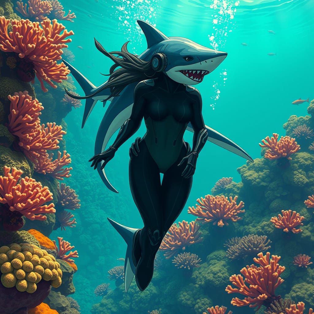 Sleek Shark Goddess in Vibrant Coral Reef Ecosystem