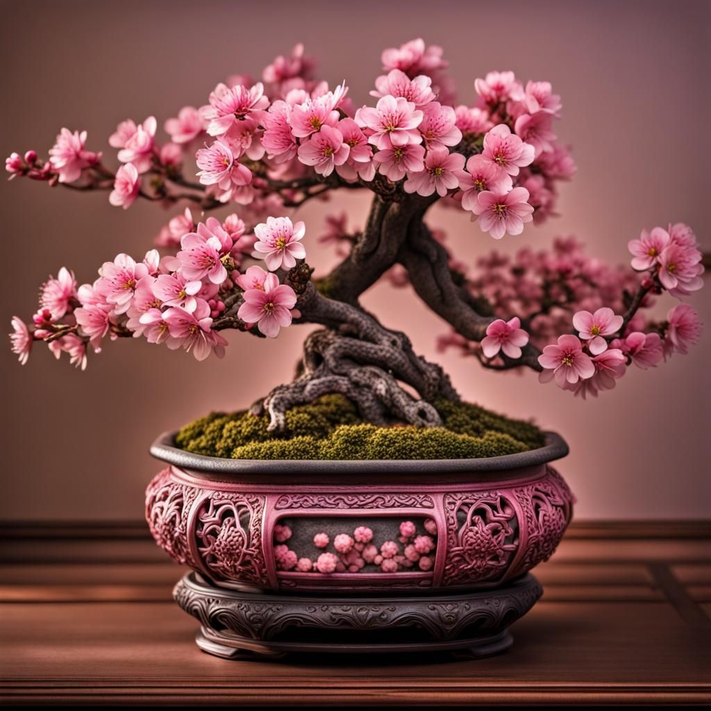 Hyperrealistic Cherry Blossom Bonsai in Filigree Pot