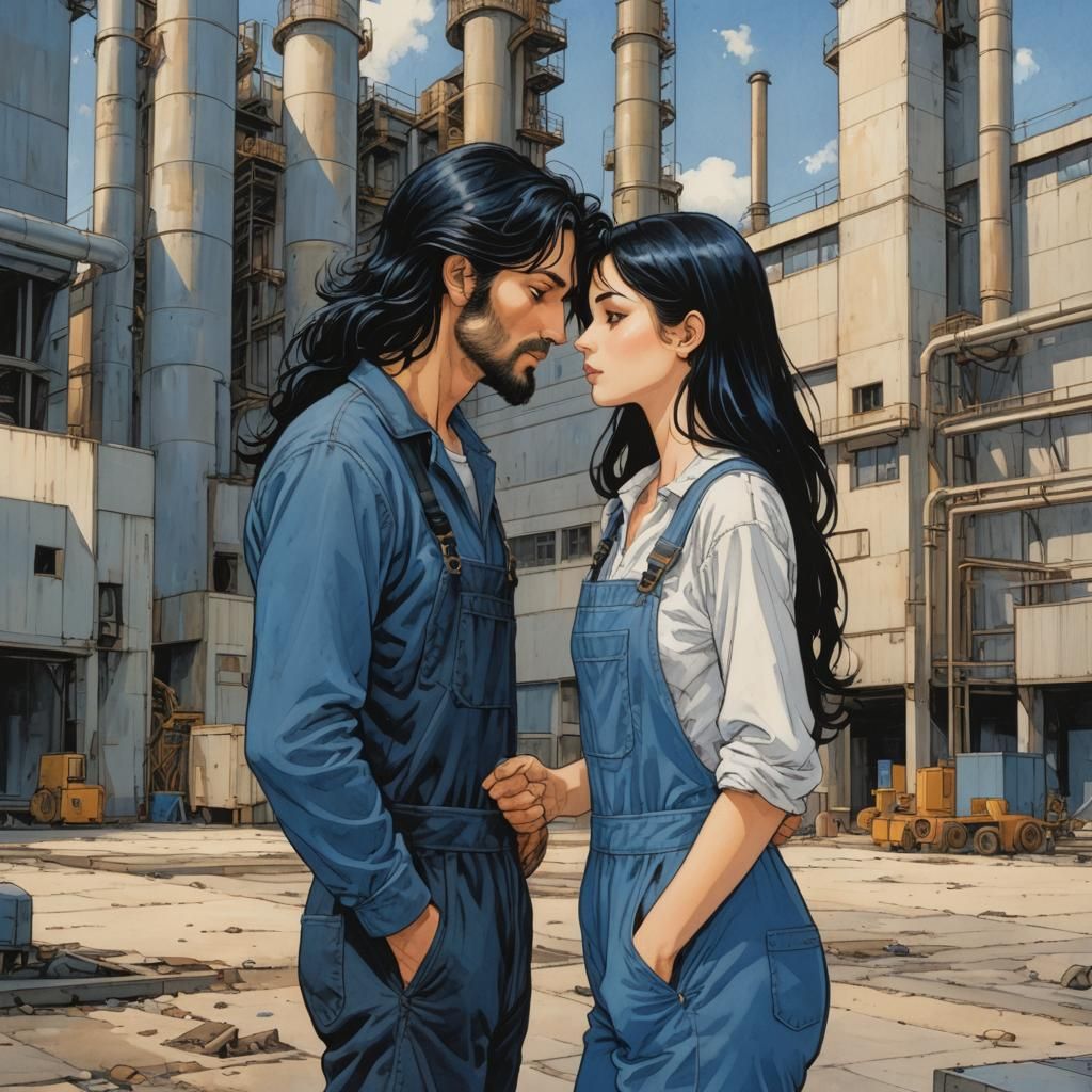 Romantic Kiss in Front of Factory, Bande Dessinées Style