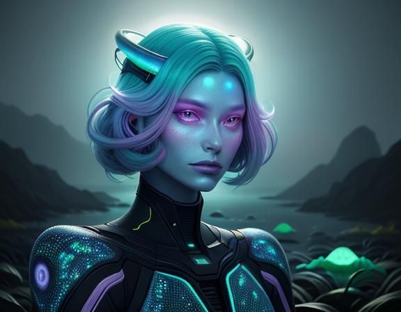 Sci-Fi Amphipioid Portrait on Alien Moonlit Beach