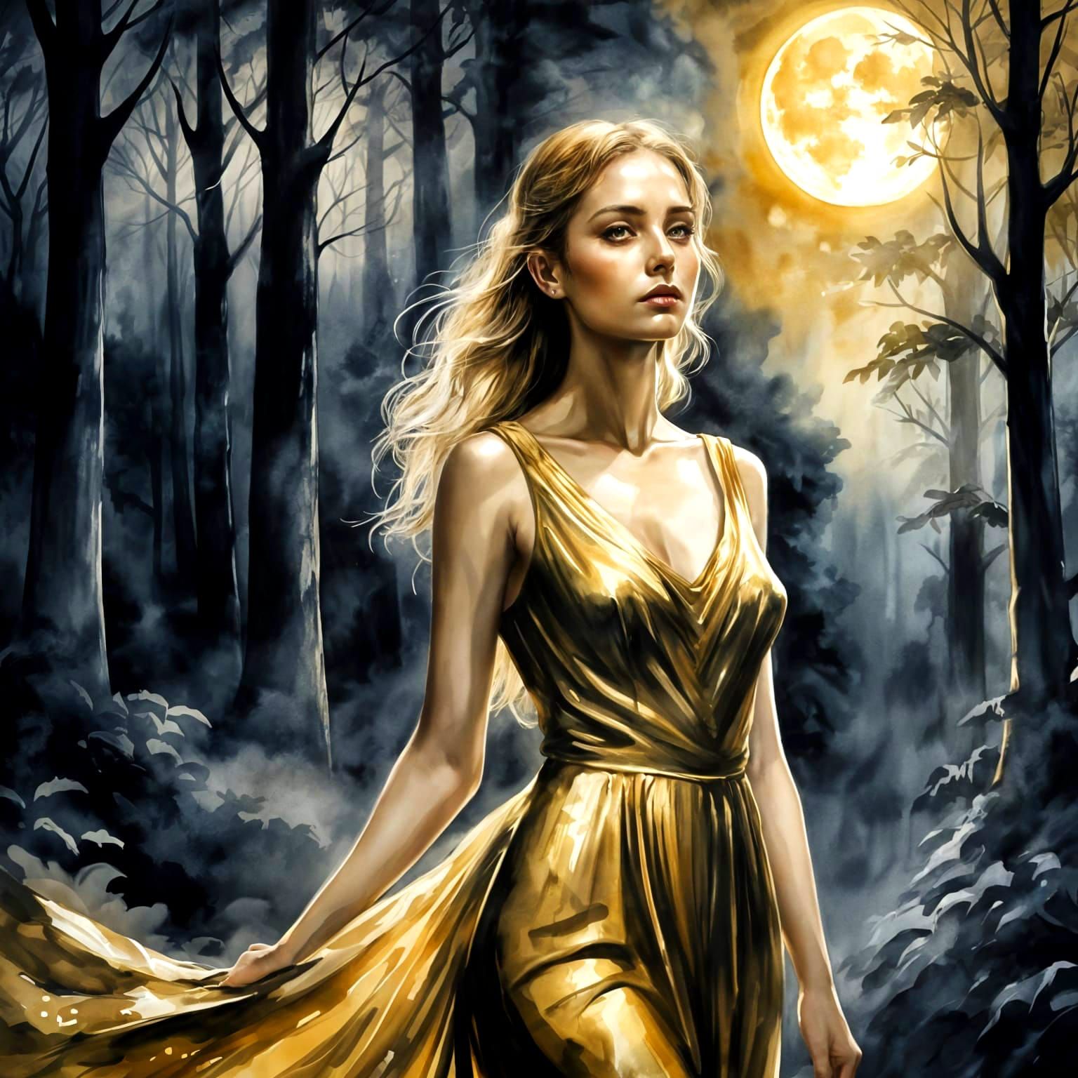 Woman in Gold Dress in Dark Forest, Watercolor