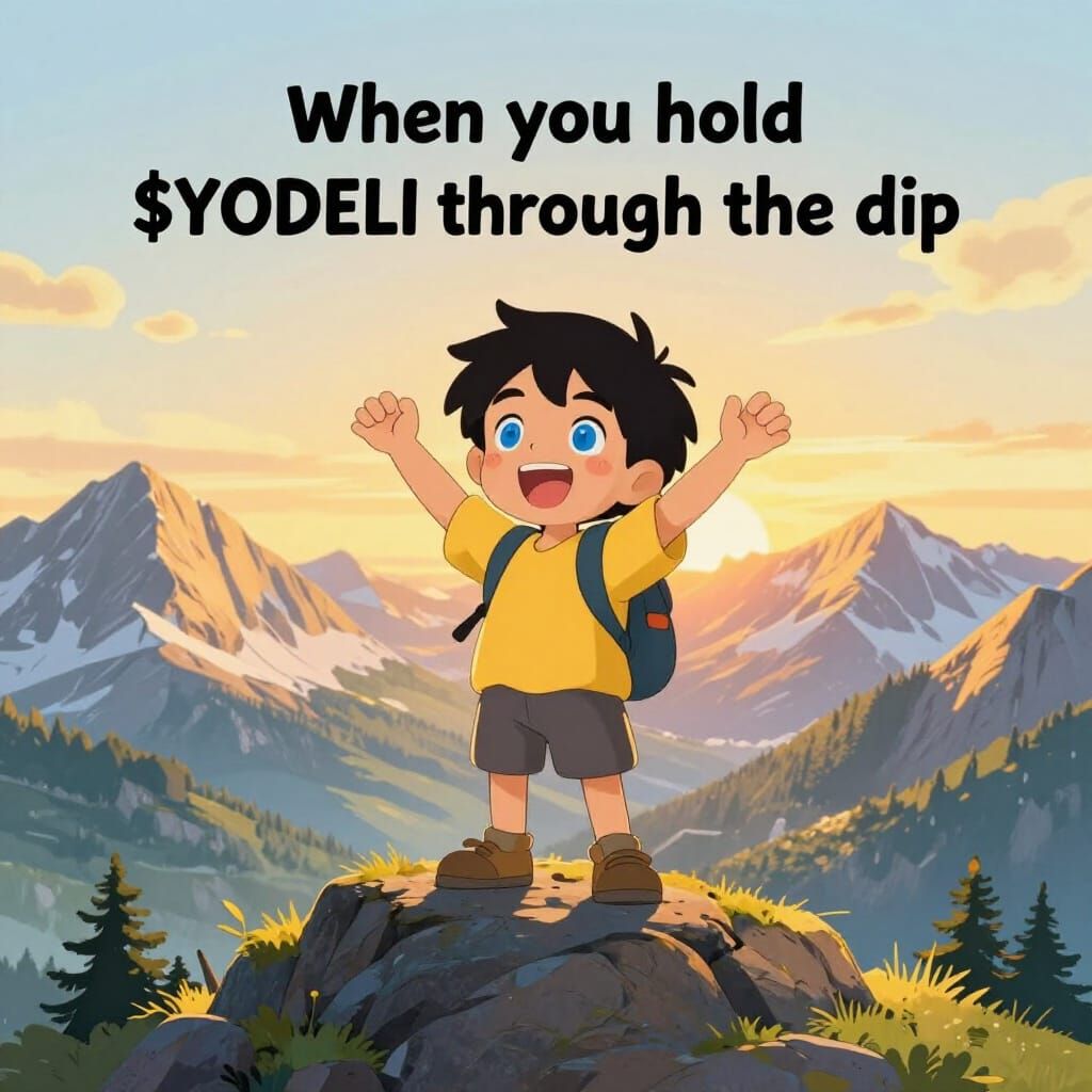 Triumphant Mountain Boy on Peak in Golden Hour Light