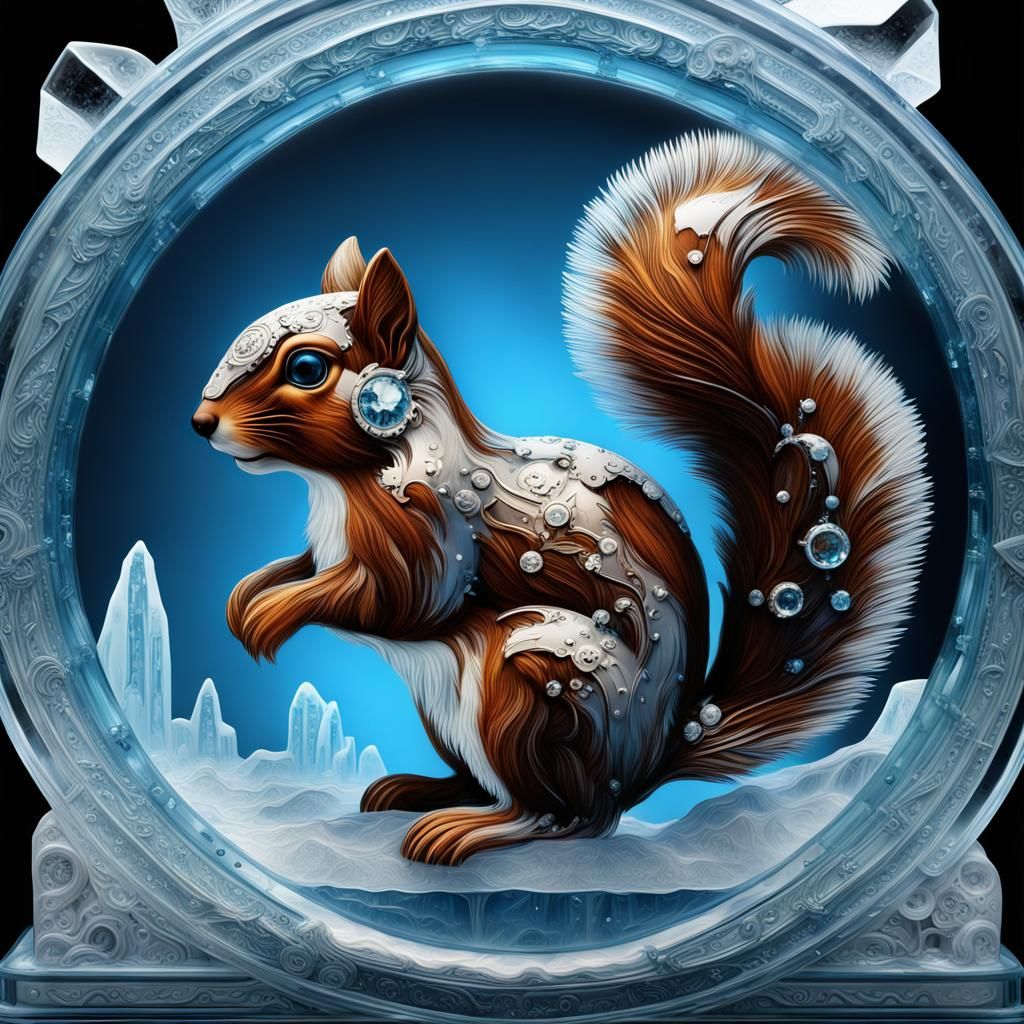 Mechanical Glass Squirrel in Icy Landscape