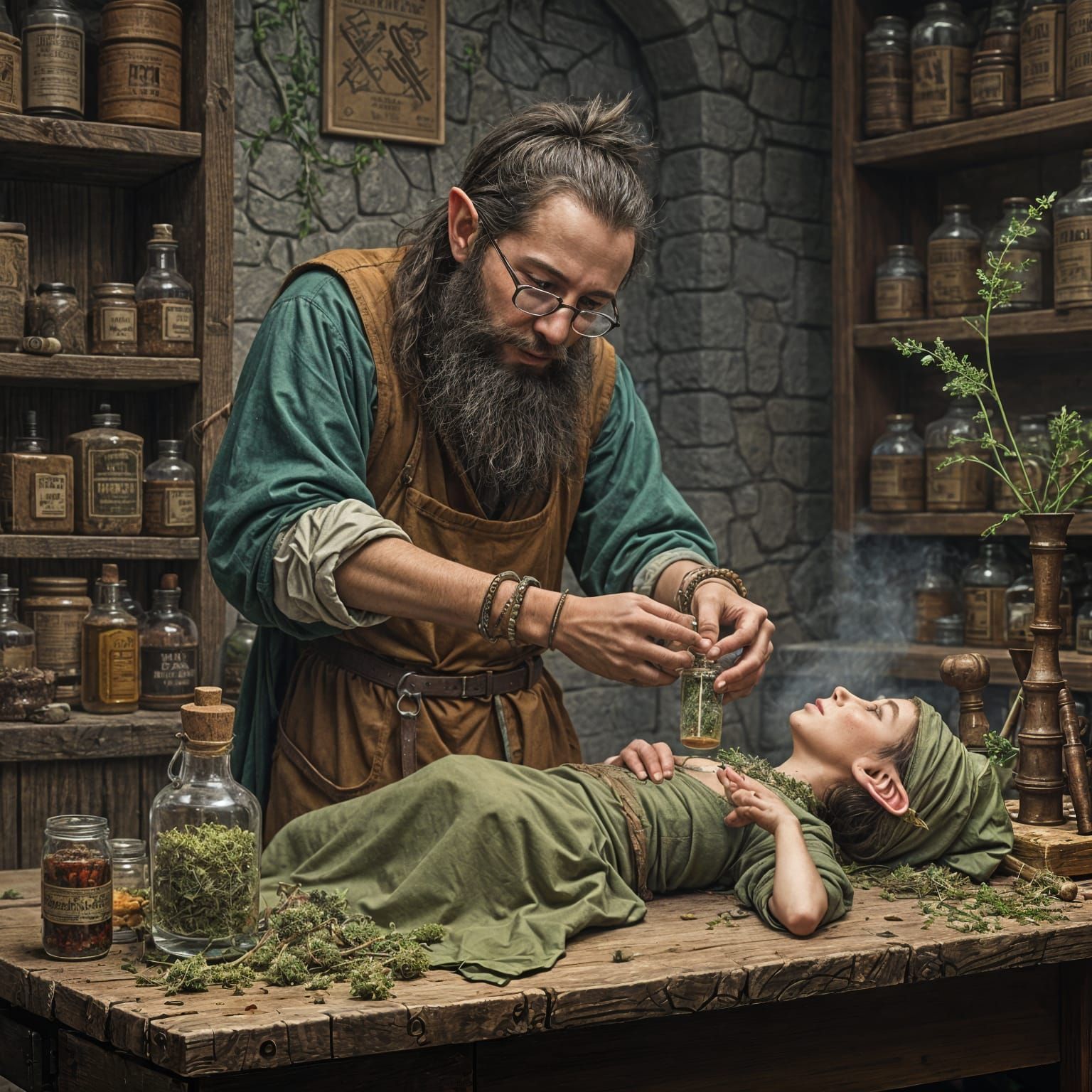 Alchemist Heals Elf with Herbs
