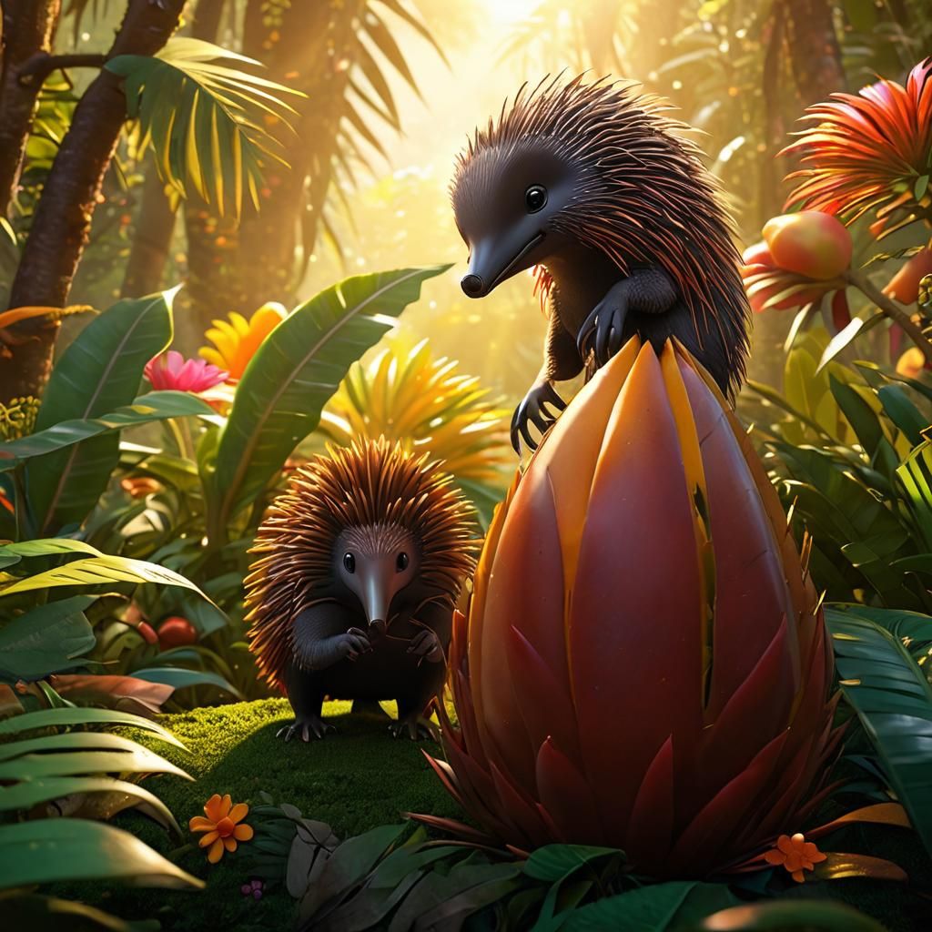 Cute Echidna with Mango in Whimsical Jungle