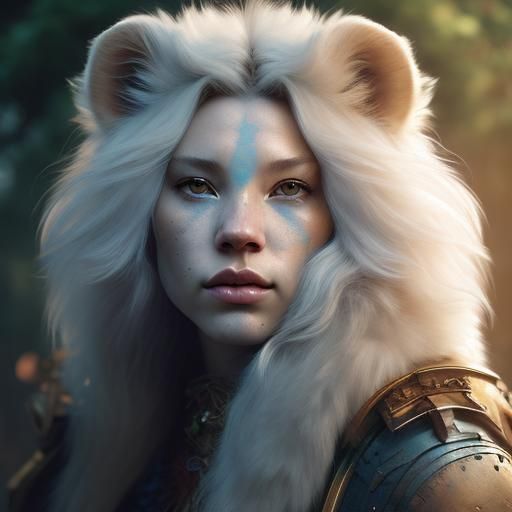 Blue Furred Lion Warrior Portrait, Hyperdetailed Art