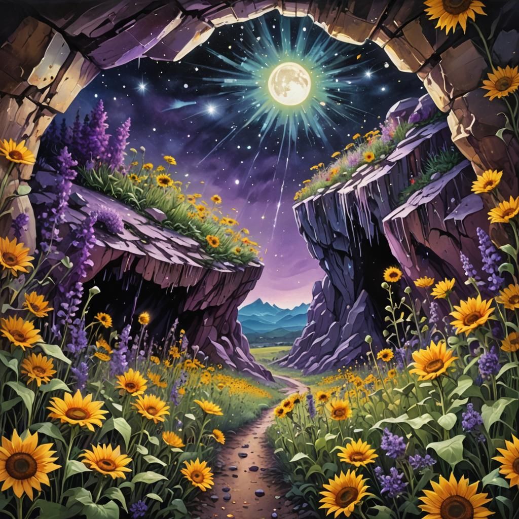 Cave View: Amethyst, Sunflowers, Aurora Borealis Graffiti