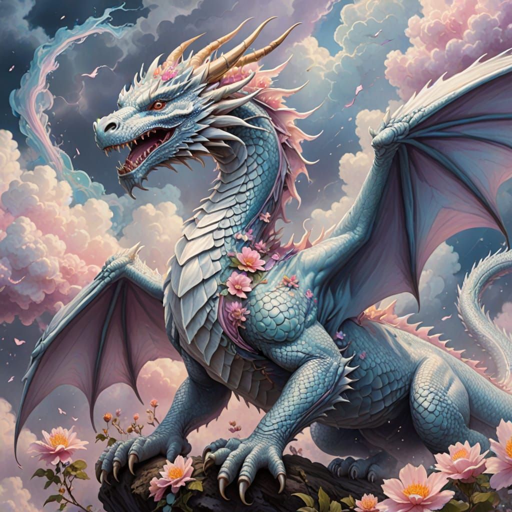 White Dragon with Floral Features in Pastel Storm